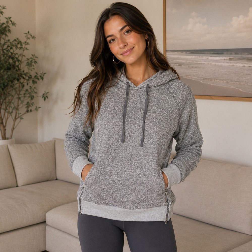 Aerie Heather Gray Side Zip Pullover Hoodie Womens Size L Knit Sweatshirt